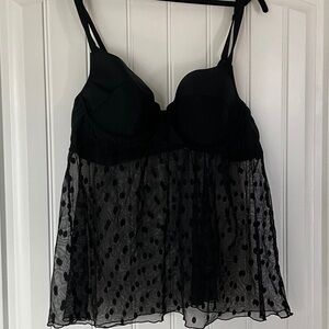 Chic Black Sheer Polka Dot Chemise Tankini Top